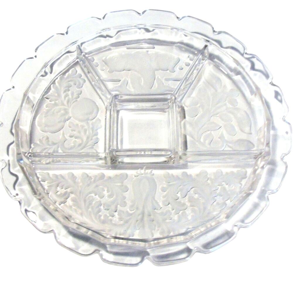 Indiana Glass Divided Plate Serving Platter Coi Fish Fleur de Lis 5Way Clear Vtg